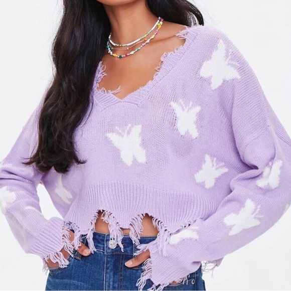 Cute Just Polly Purple Butterfly Cropped Distressed Sweater - Picture 3 of 11